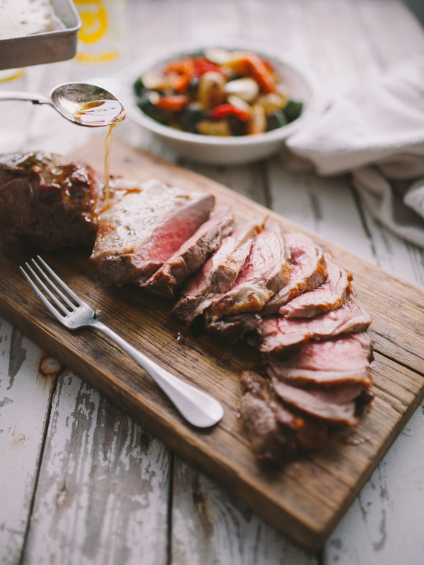 Roast butterflied leg of lamb with Mediterranean vegetables